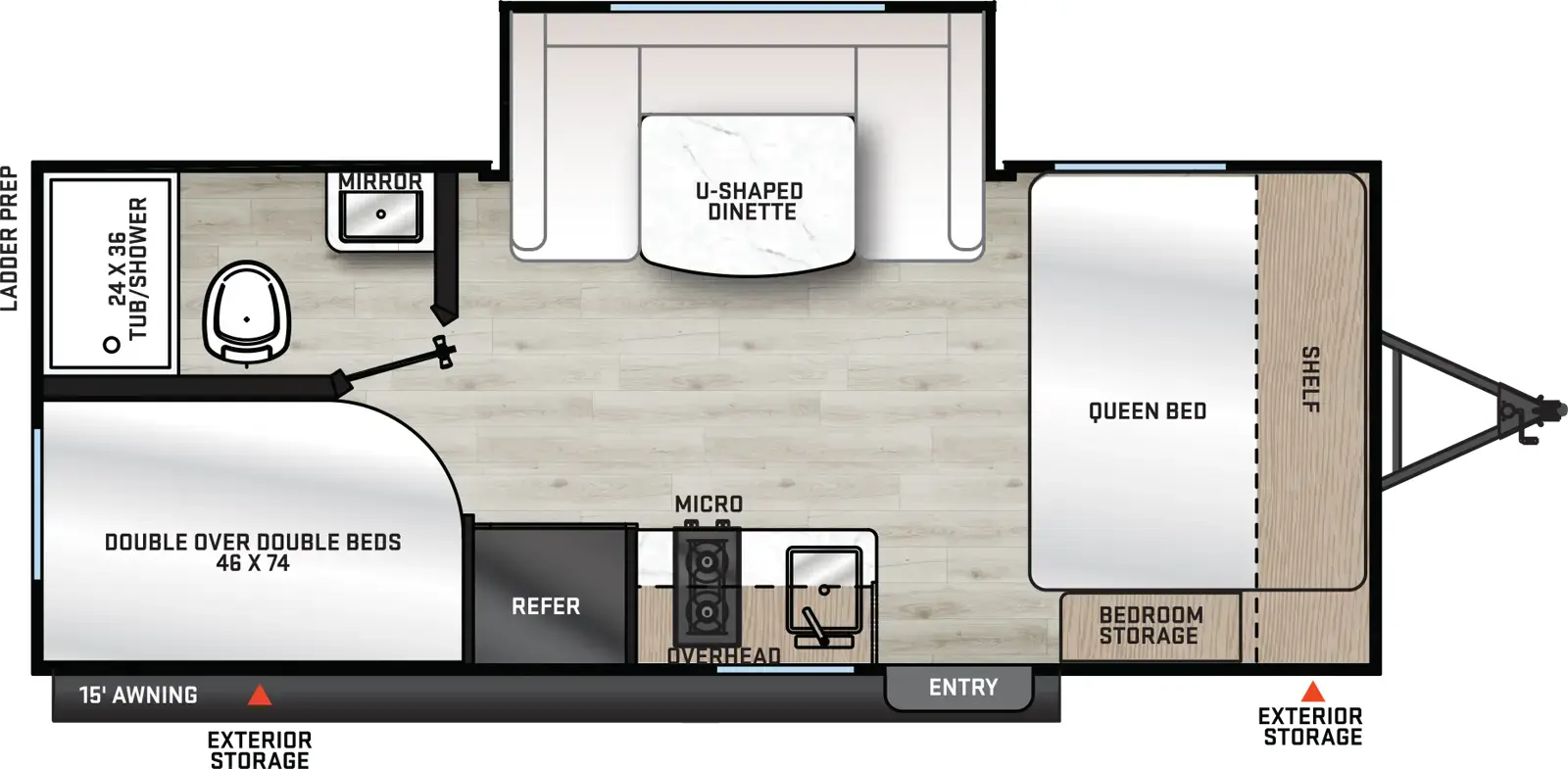 The 184BHSX has one slide out and one entry. Exterior features outside storage, 15 foot awning, and rear ladder prep. Interior layout front to back: side-facing queen bed with overhead shelf and door-side storage; off-door side u-dinette slideout; door side entry, sink, overhead cabinet, cook top, microwave, and refrigerator; rear off-door side full bathroom; rear door side double over double bunks.